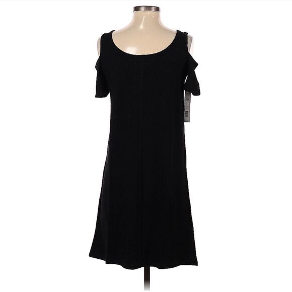 NWT AUGUST SILK DRESS (S) Black cold shoulder strappy chest - Picture 2 of 3
